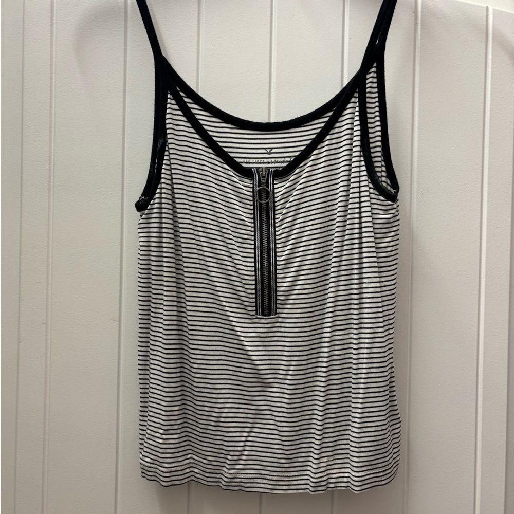 American Eagle Striped Black & White Zip-Front Tank Top